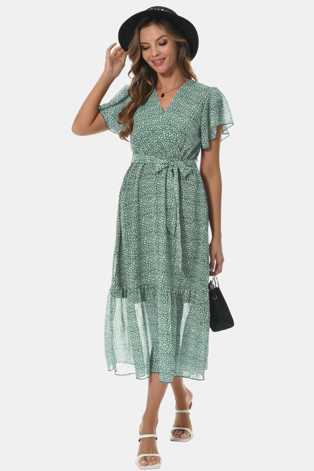 Light green surplice V-neck tied dress with flutter sleeves and tiered ruffle hem