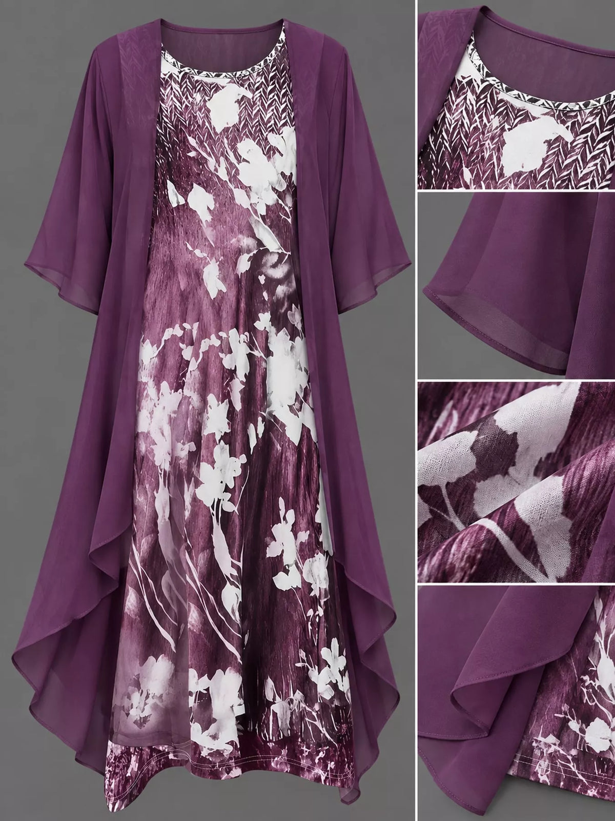 Floral dress and chiffon cardigan set showing purple chiffon hem and sleeves with print
