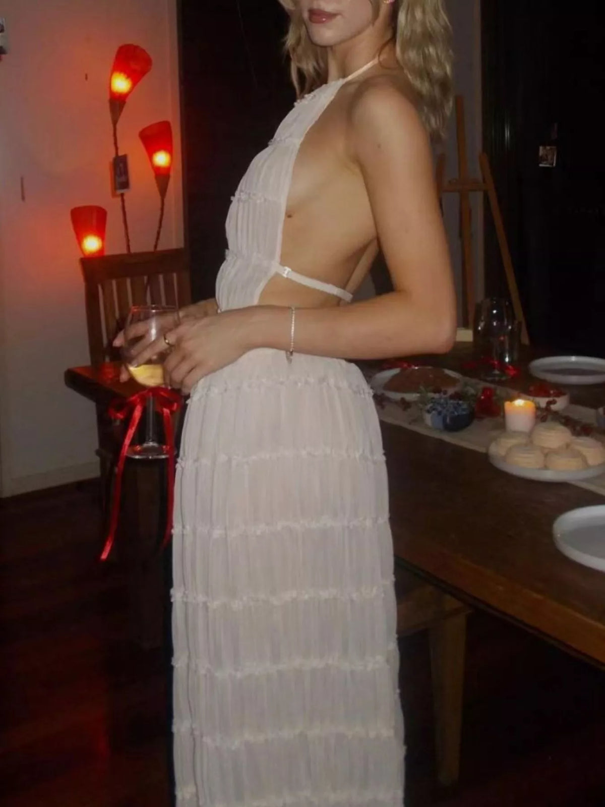 Milky white halter crop top and tiered maxi skirt set with strappy back
