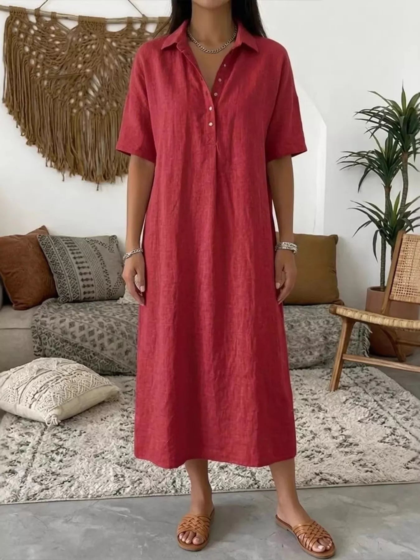 Red button-detail half-sleeve midi dress with V-neck front button placket