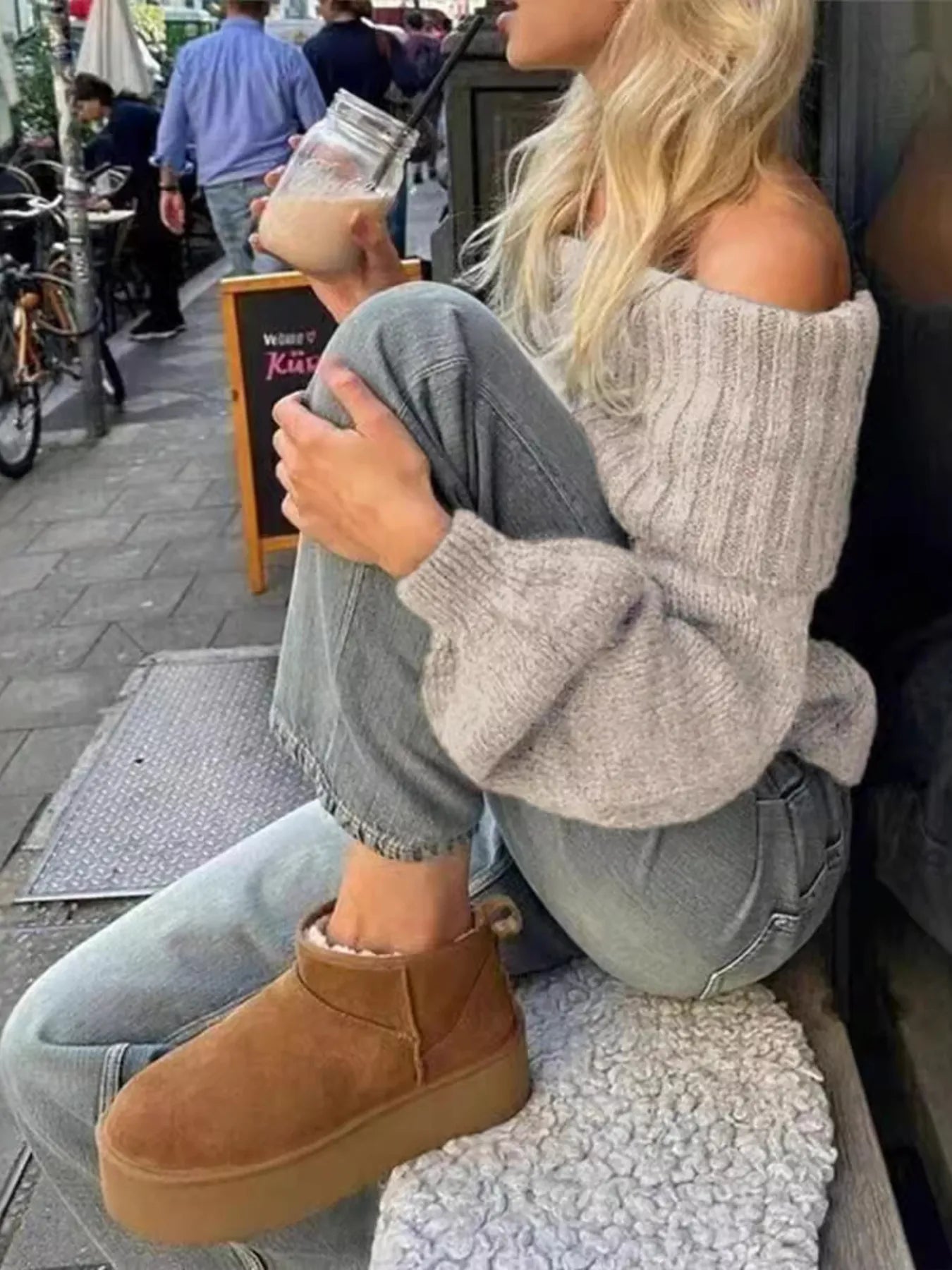 Off-shoulder ribbed long sleeve sweater in light gray, off-shoulder neckline and cuffed sleeves