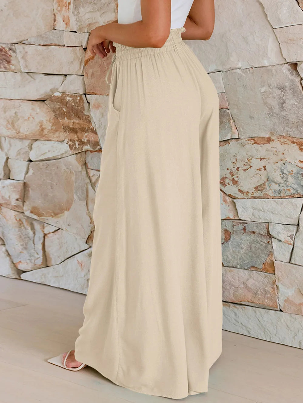 Drawstring wide-leg pants with elastic waist, light tan