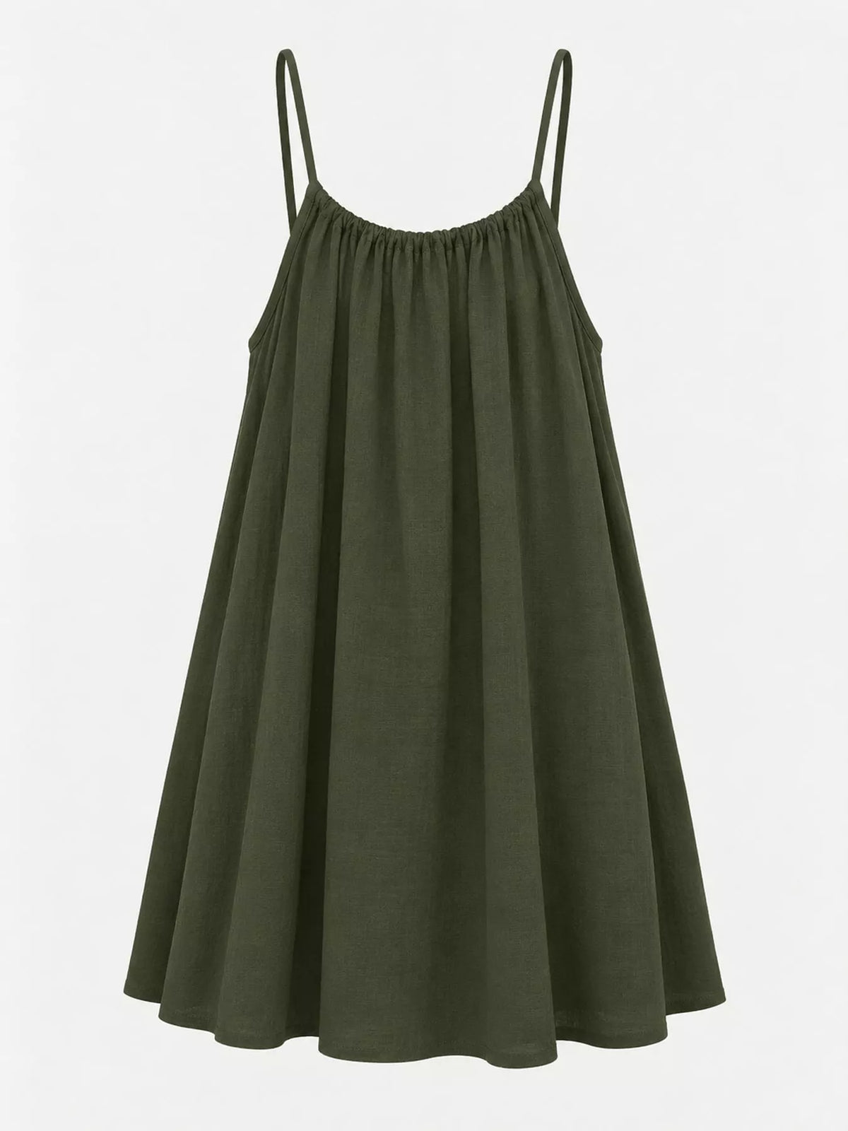 Dark green spaghetti strap ruched mini dress, gathered bodice and swingy mini skirt