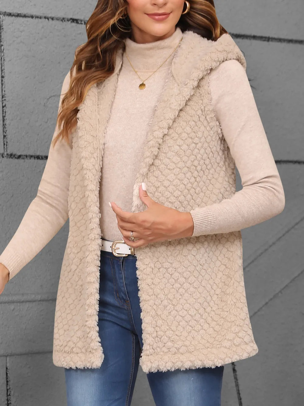 Hooded textured vest coat in light beige with open front and soft fleece trim