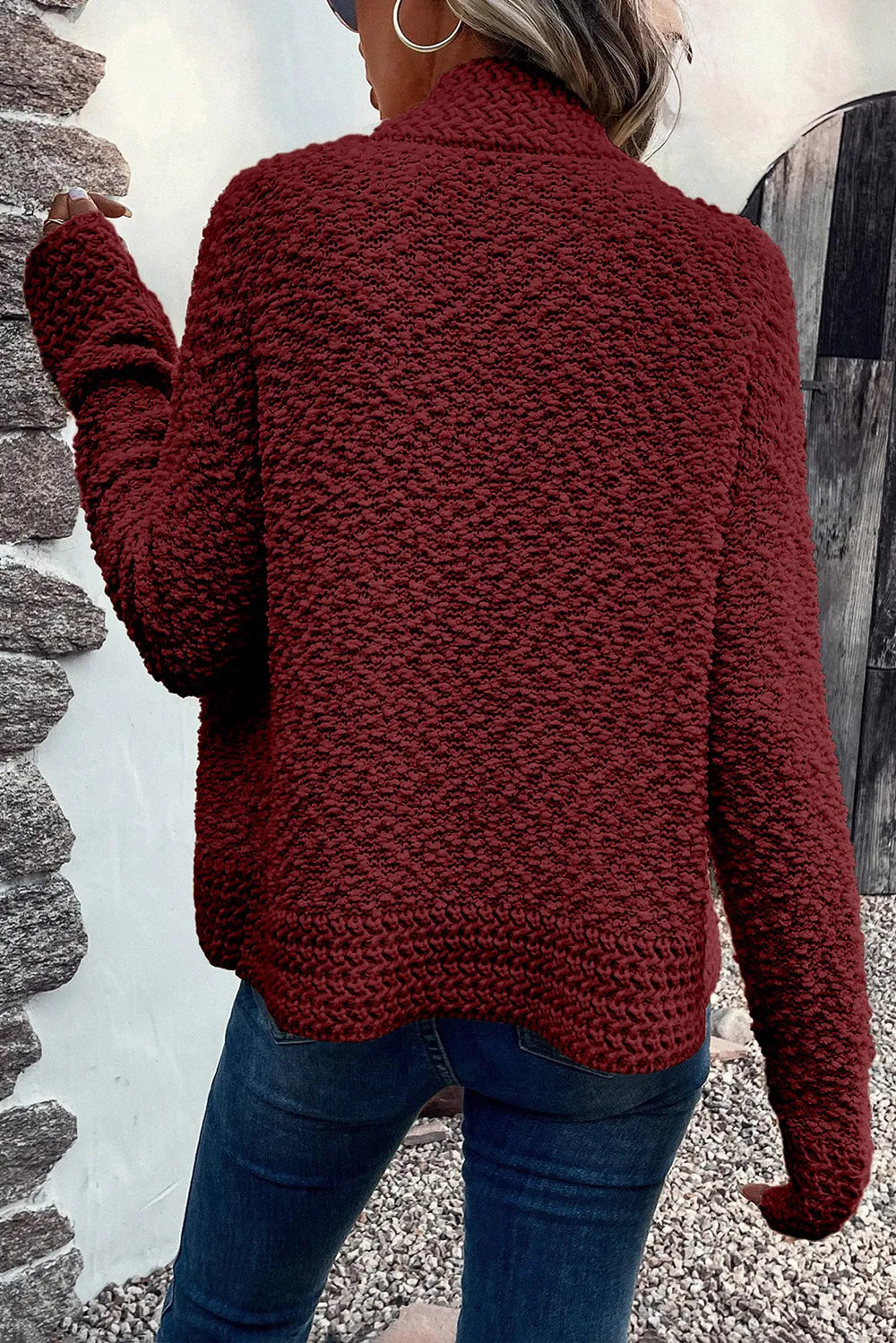 Burgundy solid open-front cardigan shown from the back, textured knit sleeves