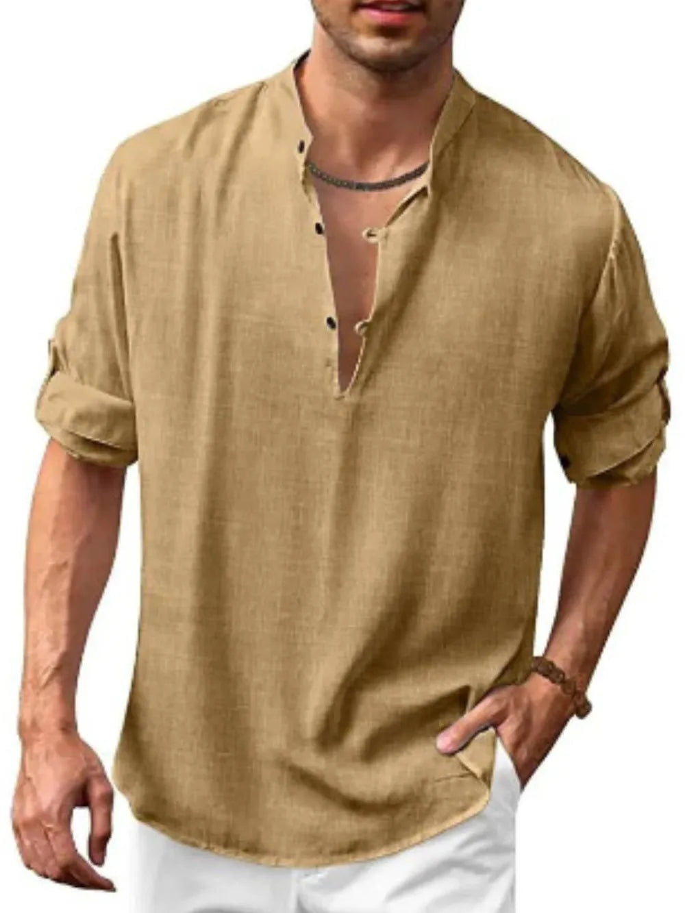 Men's tan khaki half-button long sleeve shirt with split neckline