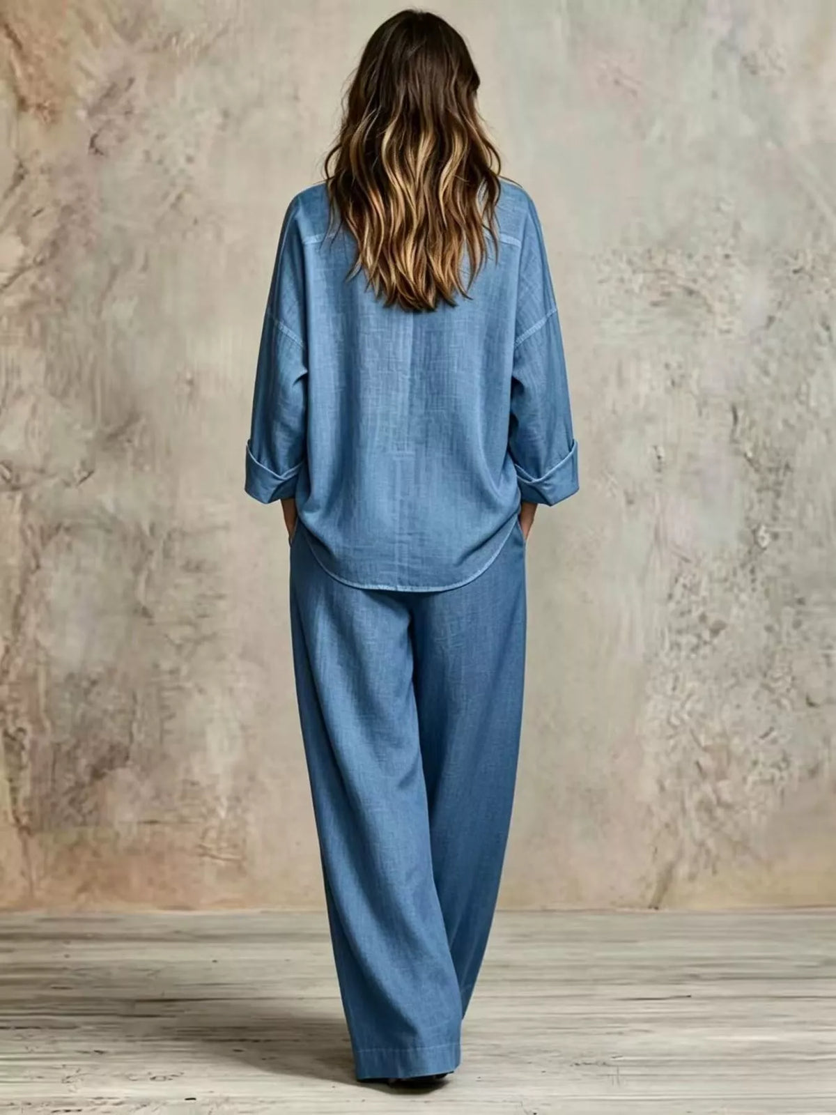 Blue wide leg button-down shirt and pants set, back view with wide-leg pants