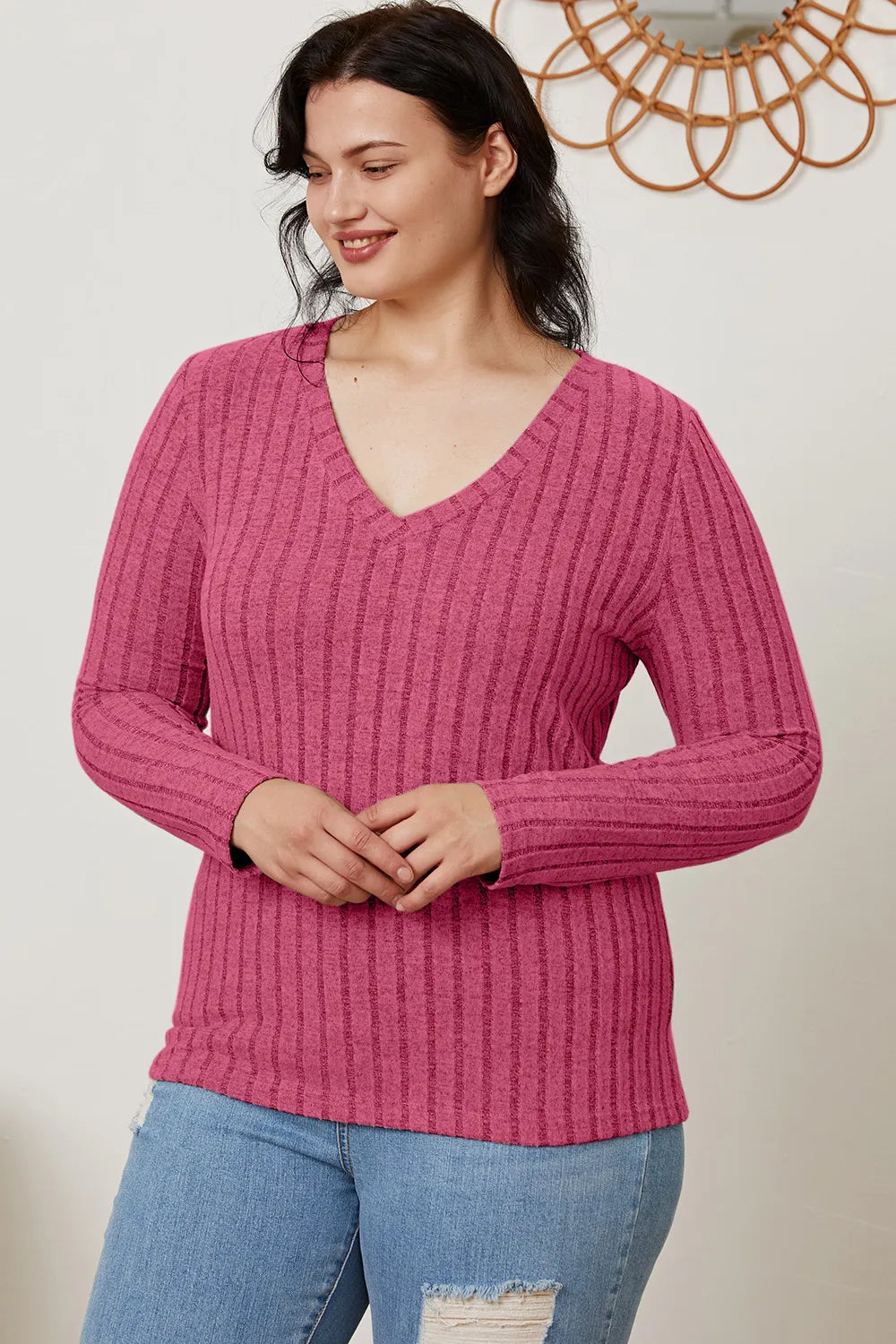 Cedar & Moore Basic Bae full-size ribbed V-neck long sleeve T-shirt in pink knit by Trendsi