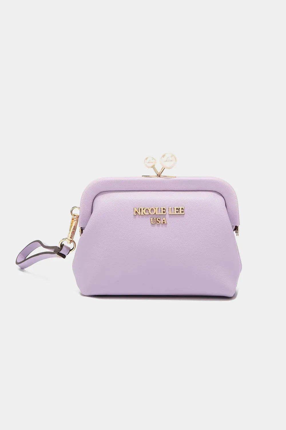 Nicole Lee USA Elise pearl coin purse, lavender purple with framed kiss-lock top and strap.