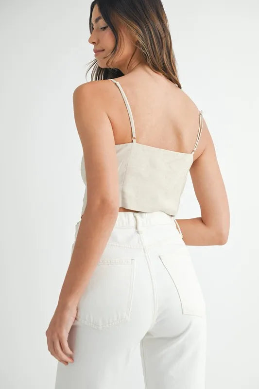 Oatmeal linen-mix button-down tank top, open back with thin adjustable straps