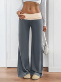 Dusty blue wide-leg pants with contrast cream waistband, elastic waist, full length