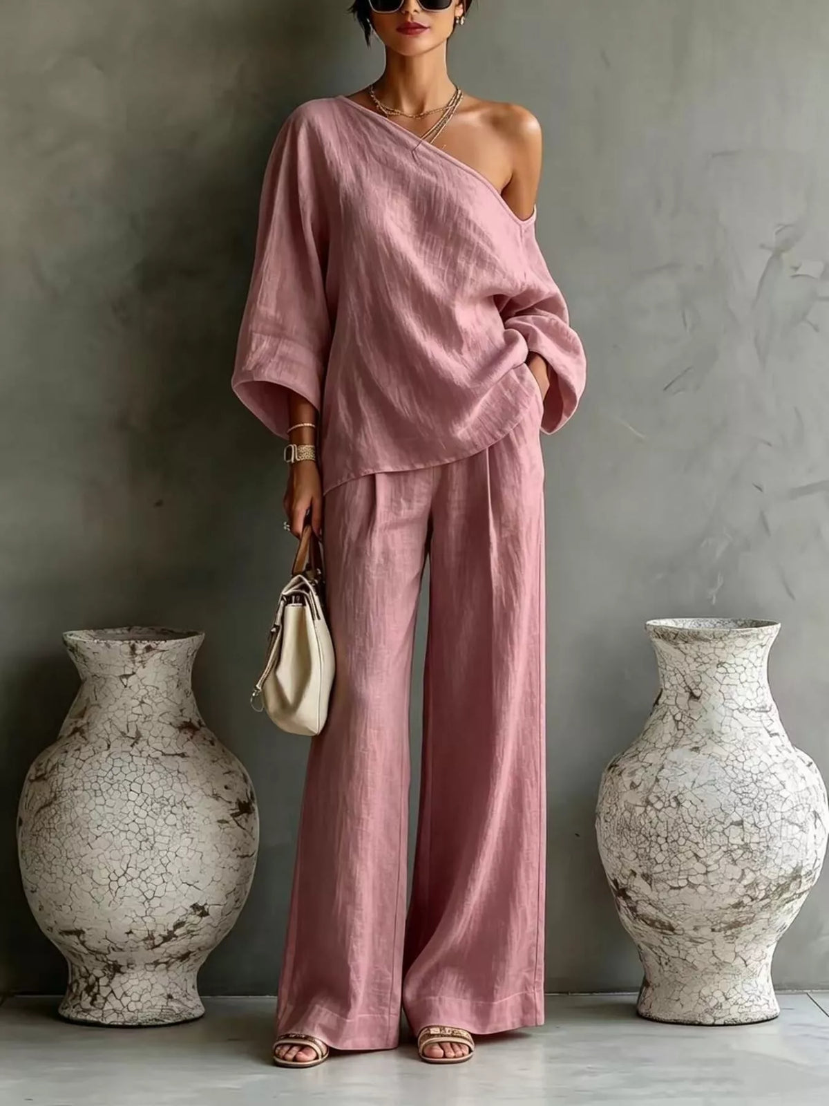 Dusty pink one-shoulder top and wide-leg pants set, relaxed fit