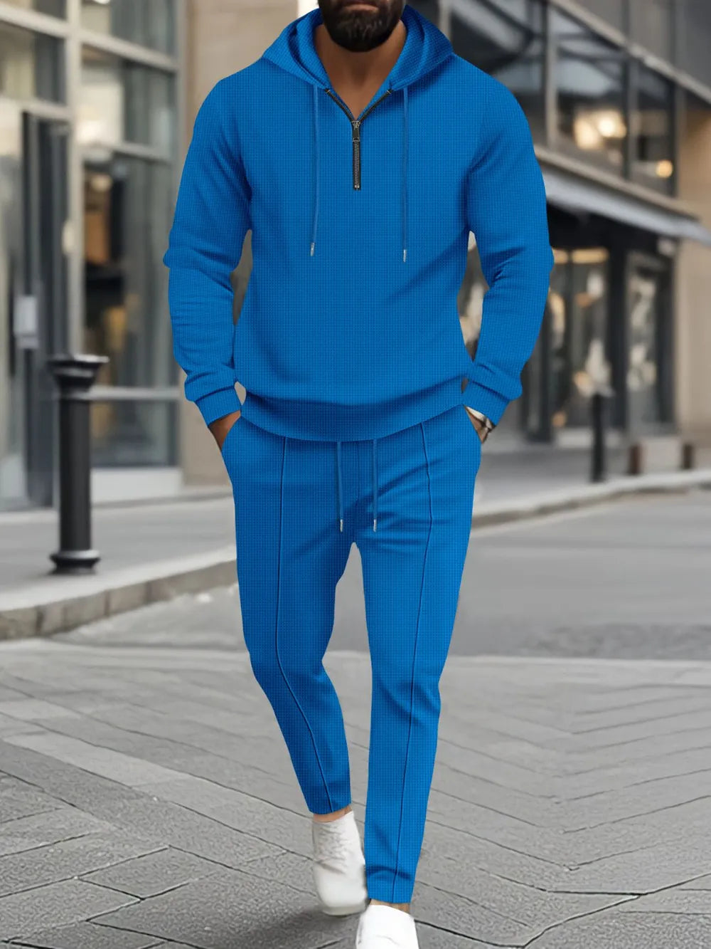 Men's waffle-knit half-zip hoodie and pants set, bright blue