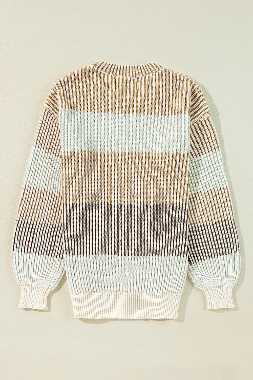 Back view color-block striped long-sleeve sweater in tan, cream, and dark brown