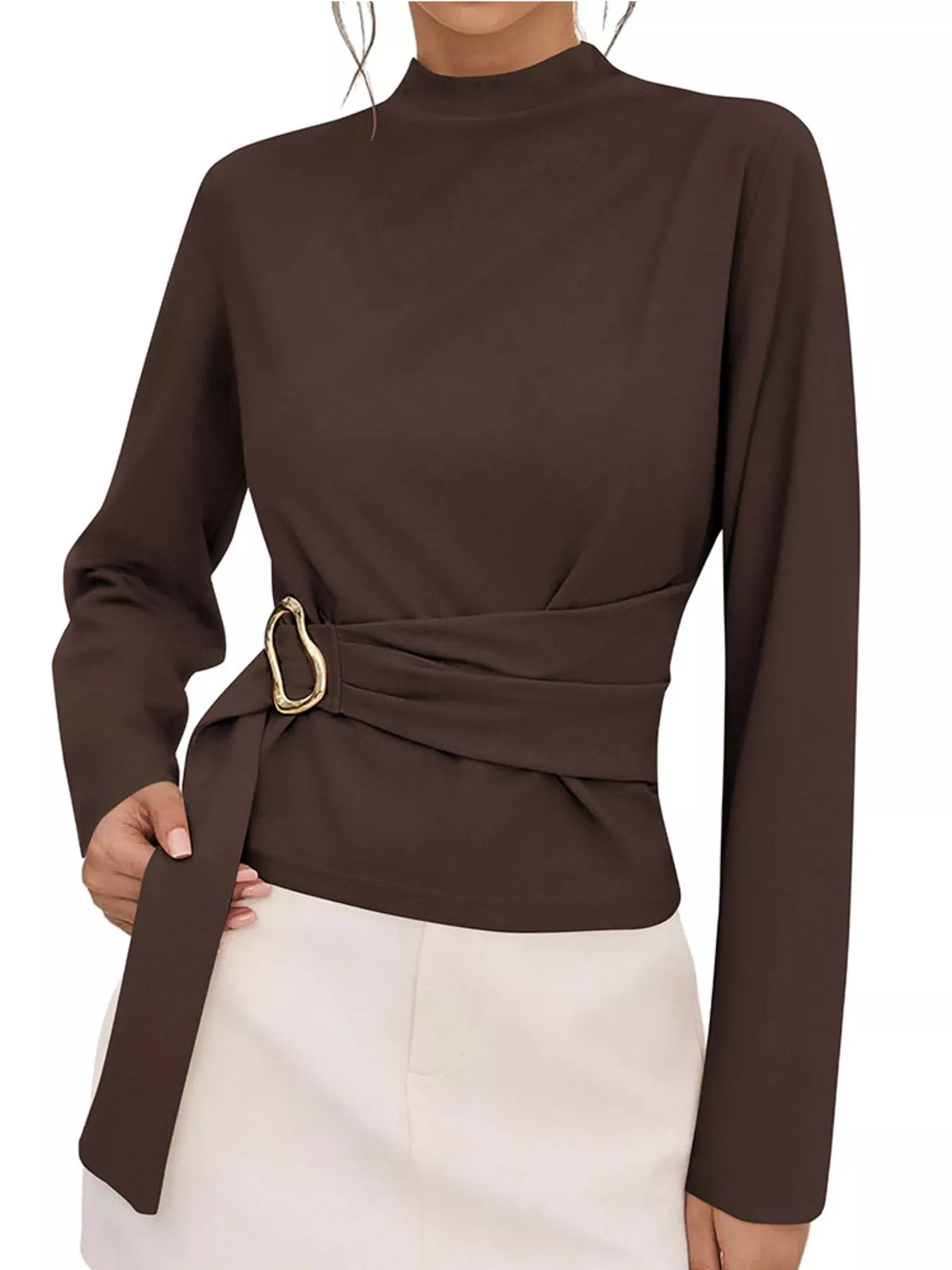 Brown mock neck blouse with long sleeves and ruched waist belt, gold ring buckle