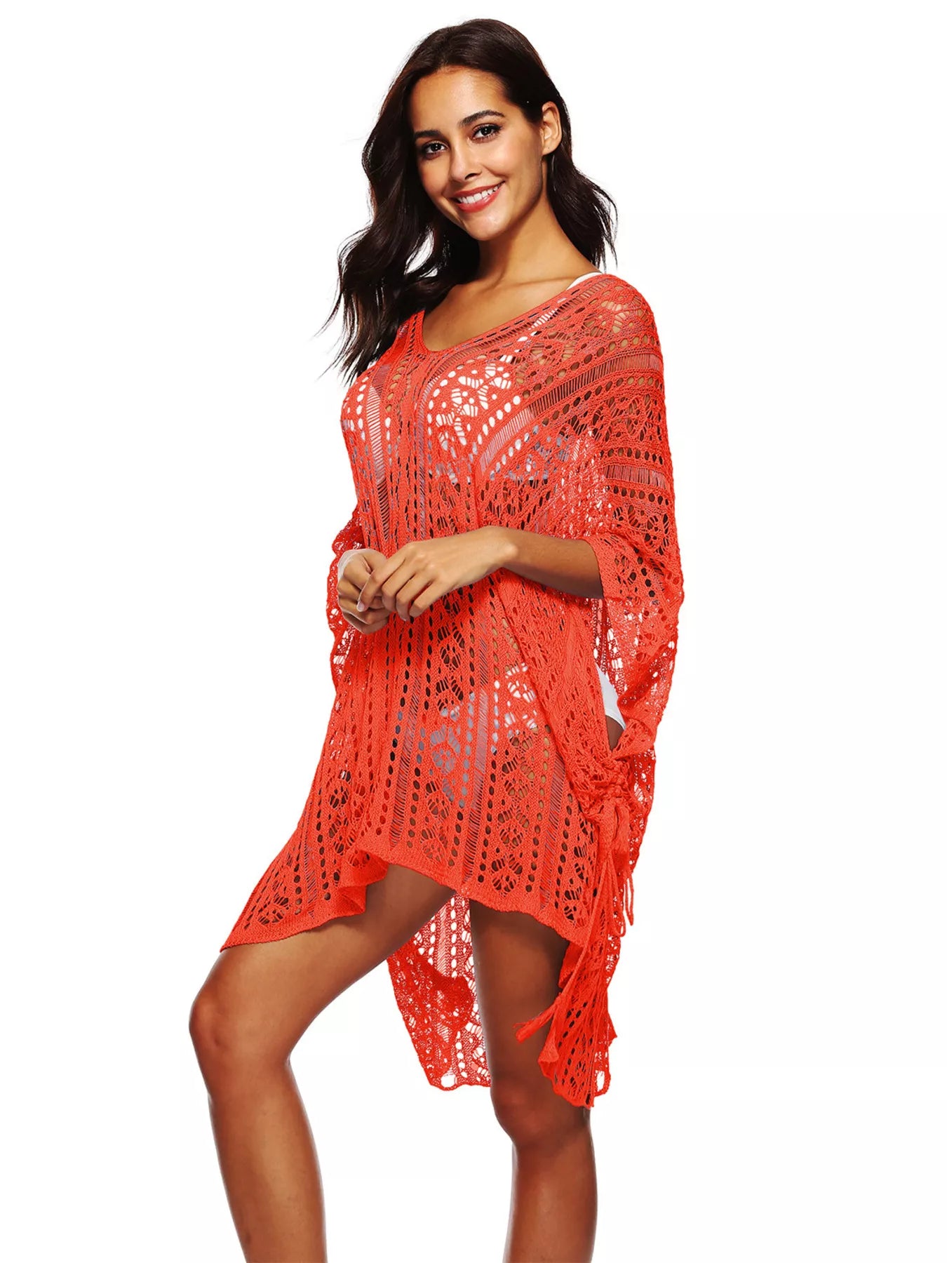 Orange crochet v-neck cover-up with loose sleeves and patterned openwork hem