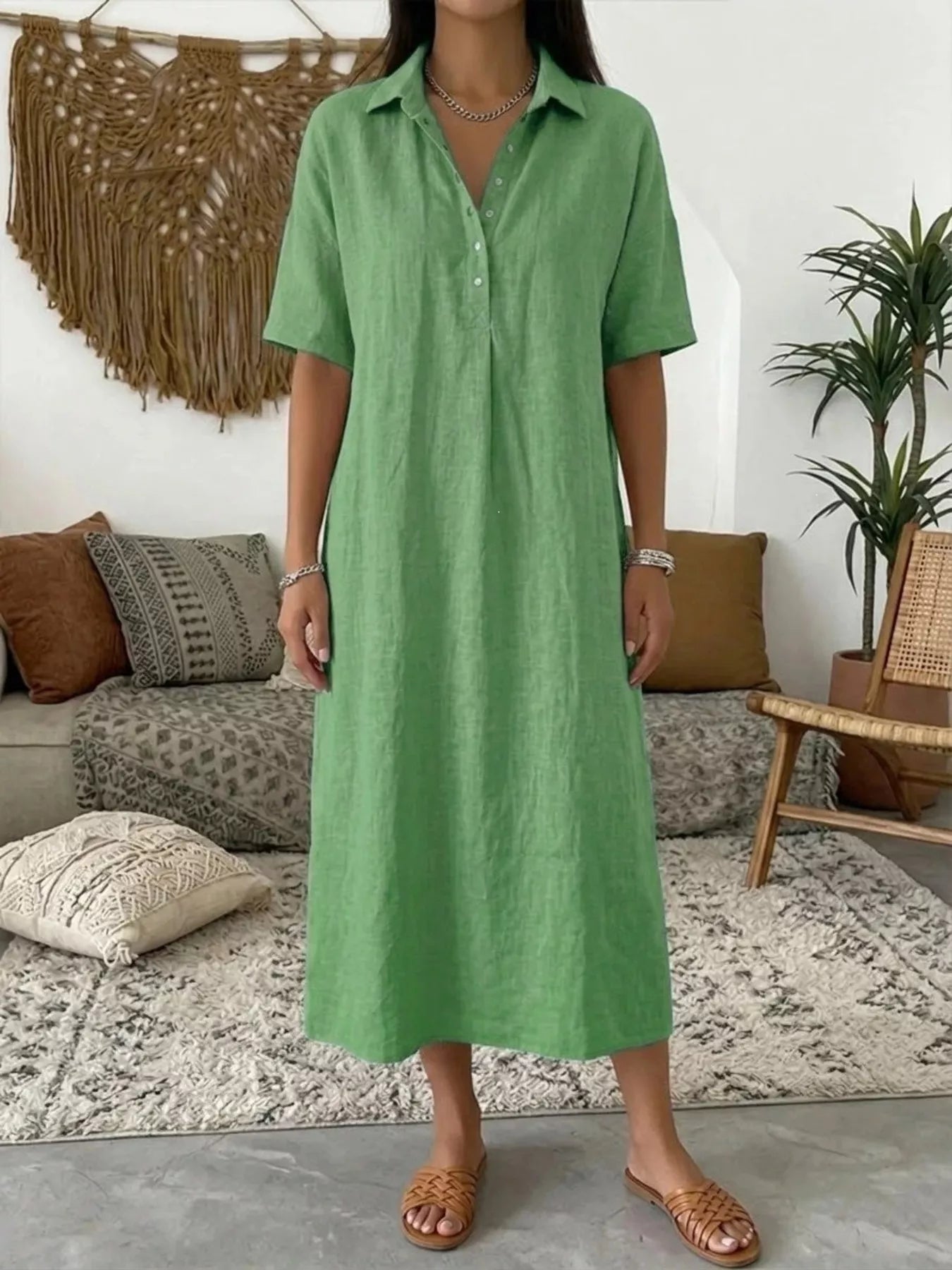 Green button-detail half-sleeve midi dress with V-neck front button placket