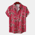 Men's scarlet tropical floral short sleeve button-up shirt with open collar