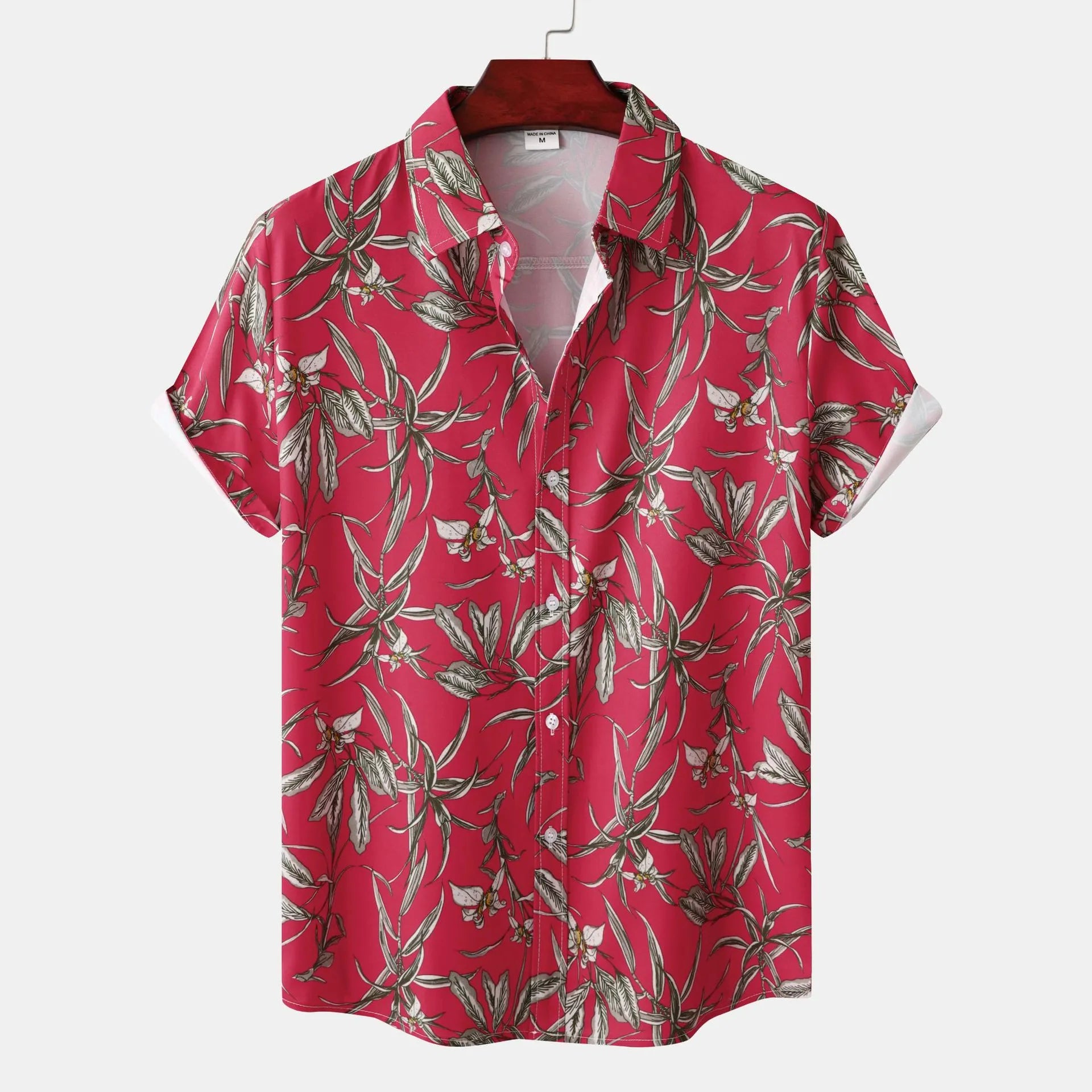 Men's scarlet tropical floral short sleeve button-up shirt with open collar
