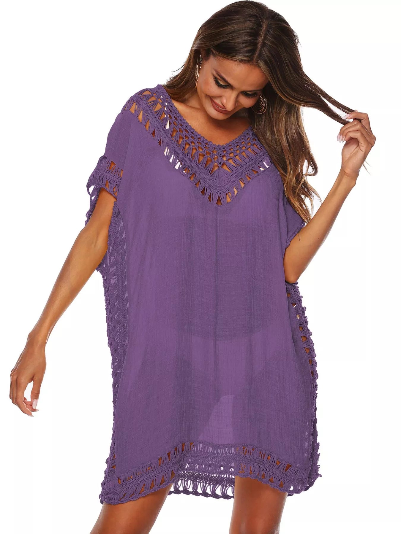 Dark purple crochet-trim cover-up dress with scalloped lace hem