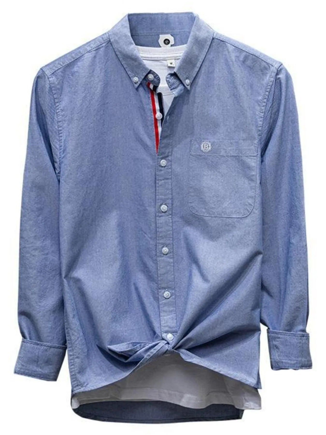 Light sky blue button-up long-sleeve shirt, front view with pocket