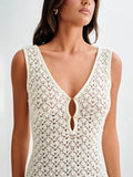 White openwork sleeveless maxi dress with deep V-neck and keyhole button placket