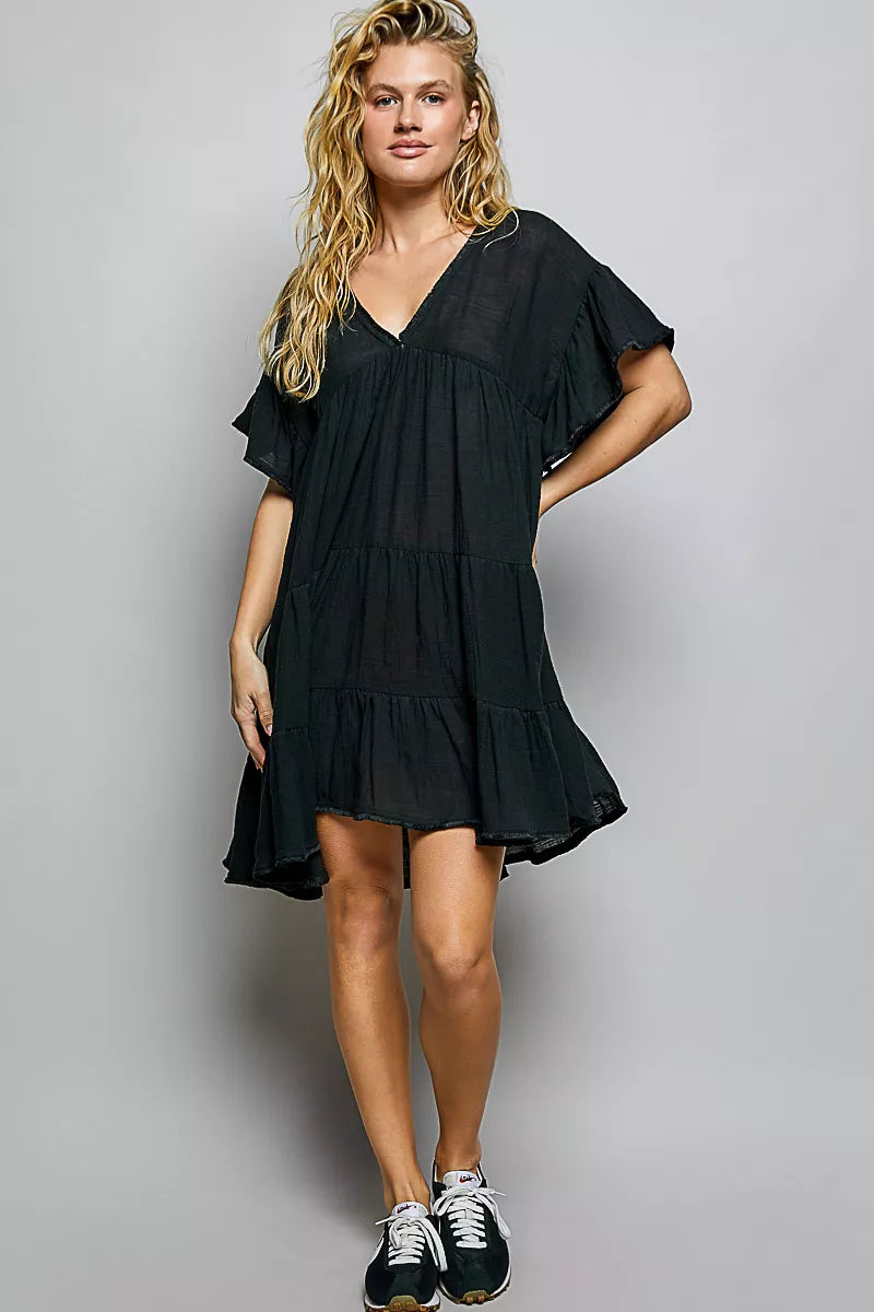 Black cotton V-neck shirred short-sleeve dress with tiered ruffles, full view
