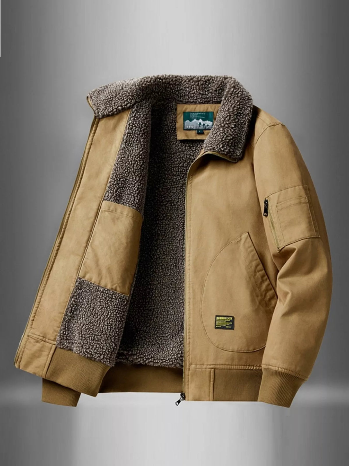 Men's thermal zip-up jacket, tan with sherpa-lined collar and front zip, side zip pocket