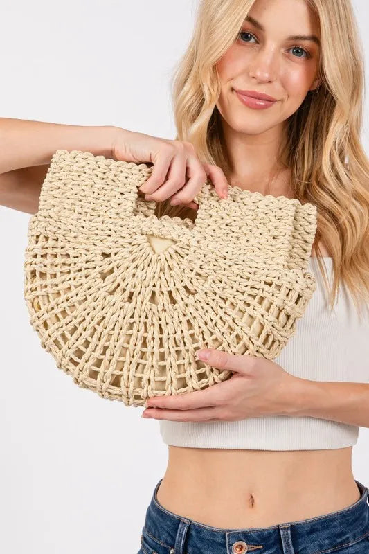 Braided semi-circle tote bag in ivory, crosshatch weave with scalloped top handle
