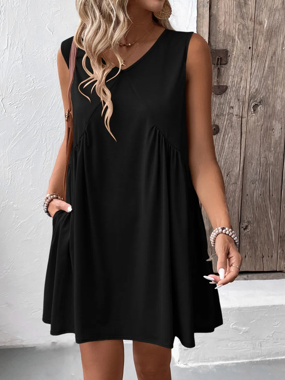 Ivy Lane ruched V-neck sleeveless mini dress, black, A-line