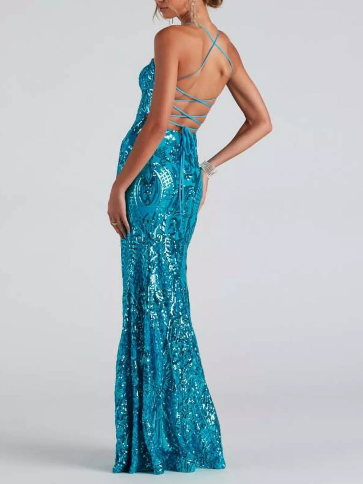 Turquoise backless sequin evening dress with lace-up strappy back and side slit