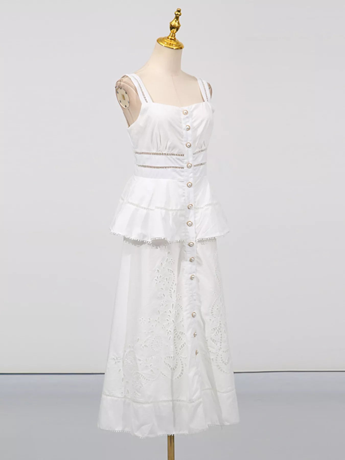 Cedar & Moore Sleeveless Eyelet Embroidered Button-Down White Midi Dress with front buttons