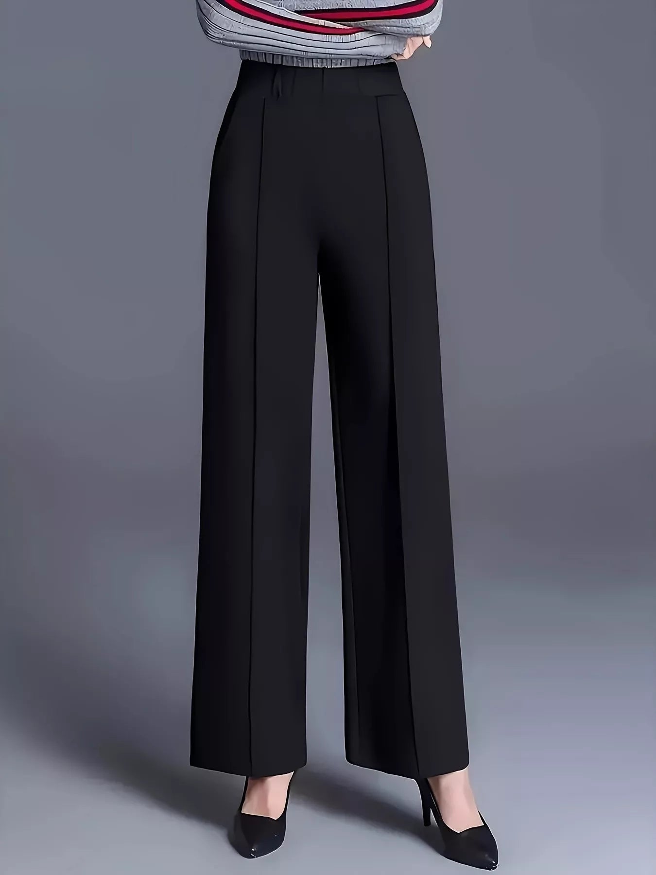 High-waisted wide-leg pants in black, tailored straight silhouette with long flared legs