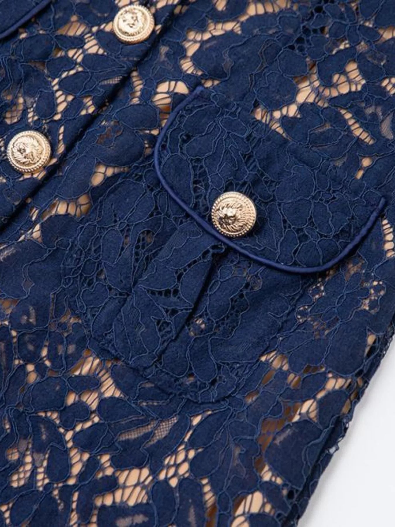 Cedar & Moore Lace Button-Down Navy Midi Dress with gold-tone buttons