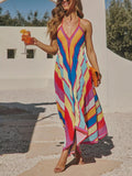 Multicolor striped halter maxi dress with V-neck and sleeveless draped skirt