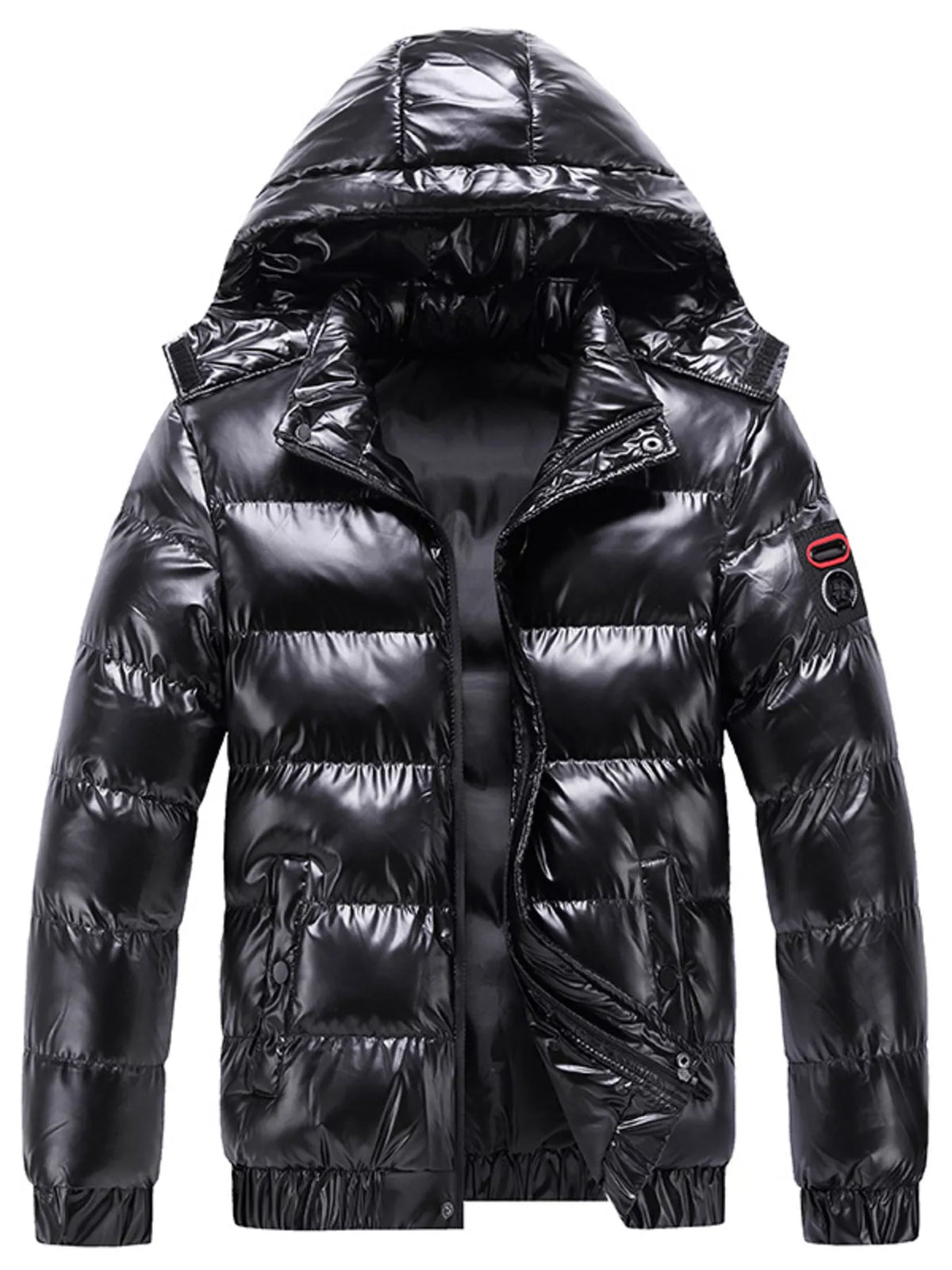 Men's hooded puffer jacket, dark, full-zip, quilted insulation and patch pockets.