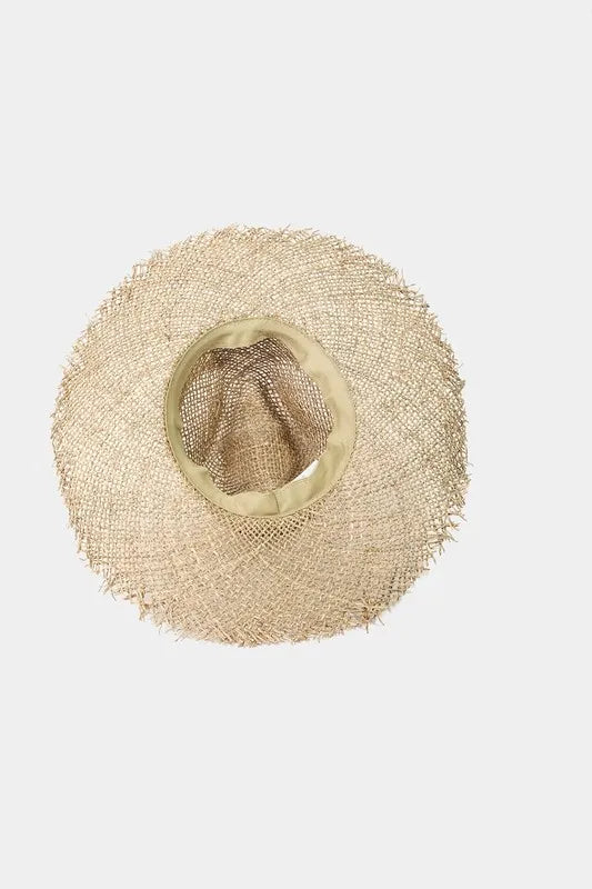Tan straw fedora hat with woven crown and brim