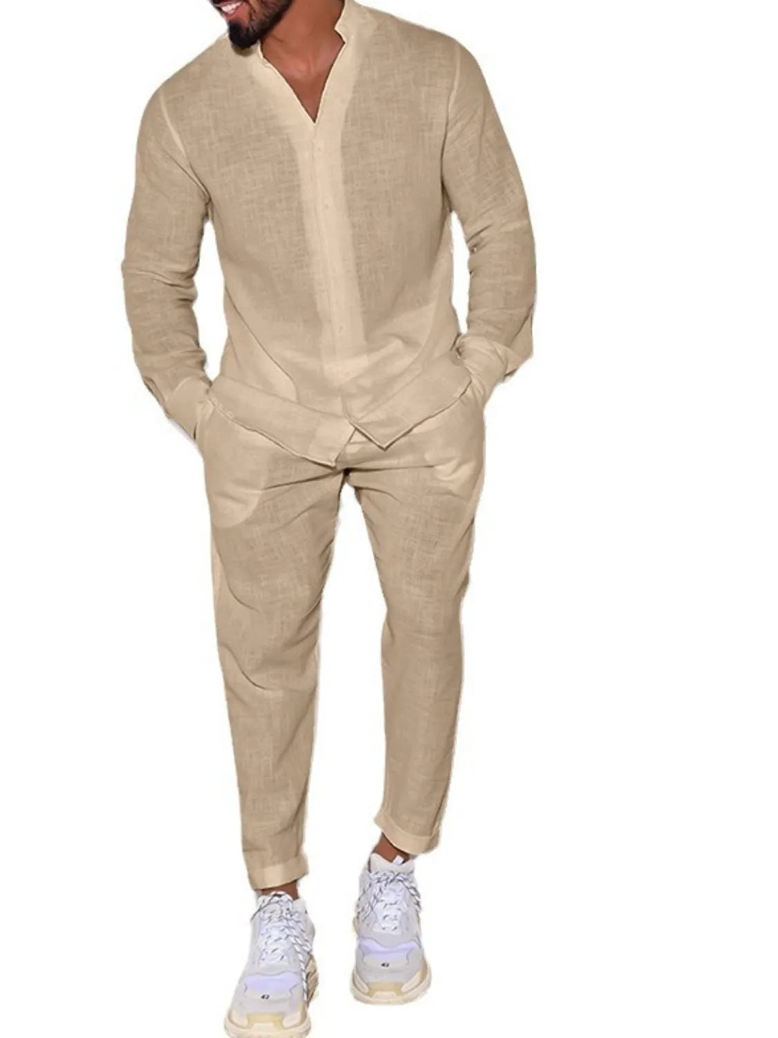Men's button-up long sleeve shirt and pants set, beige, twist-front detail