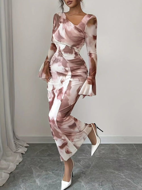 Asymmetrical neckline long-sleeve maxi dress with ruched waist, pink-and-red swirl print