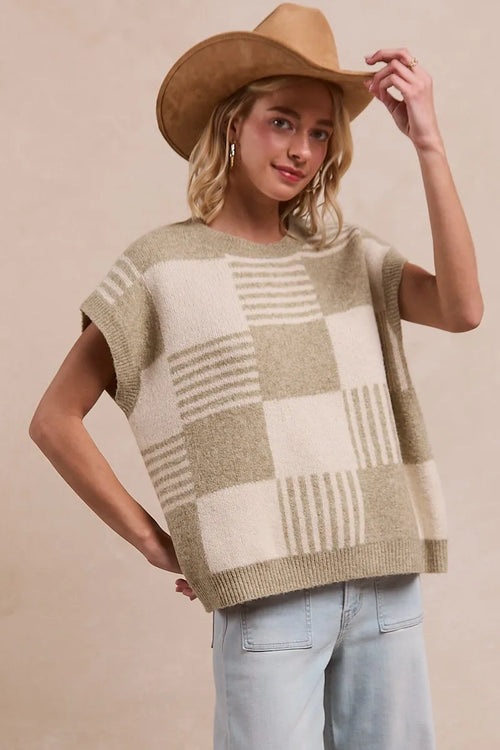 Olive and ivory checker stripe knit pullover sweater, crew neck
