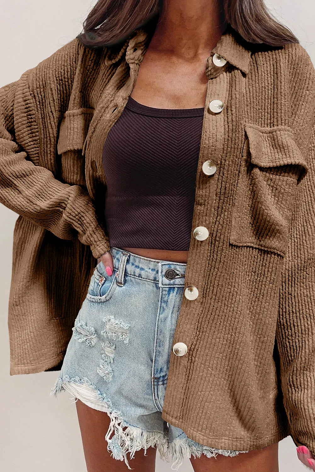 Camel button-up long sleeve shacket with flap pockets, point collar, and front metal buttons