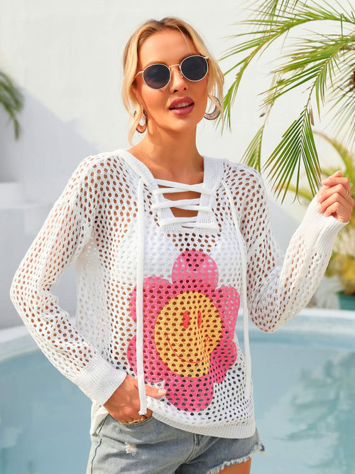 White hooded lace-up knit cover-up, openwork with pink/yellow flower graphic