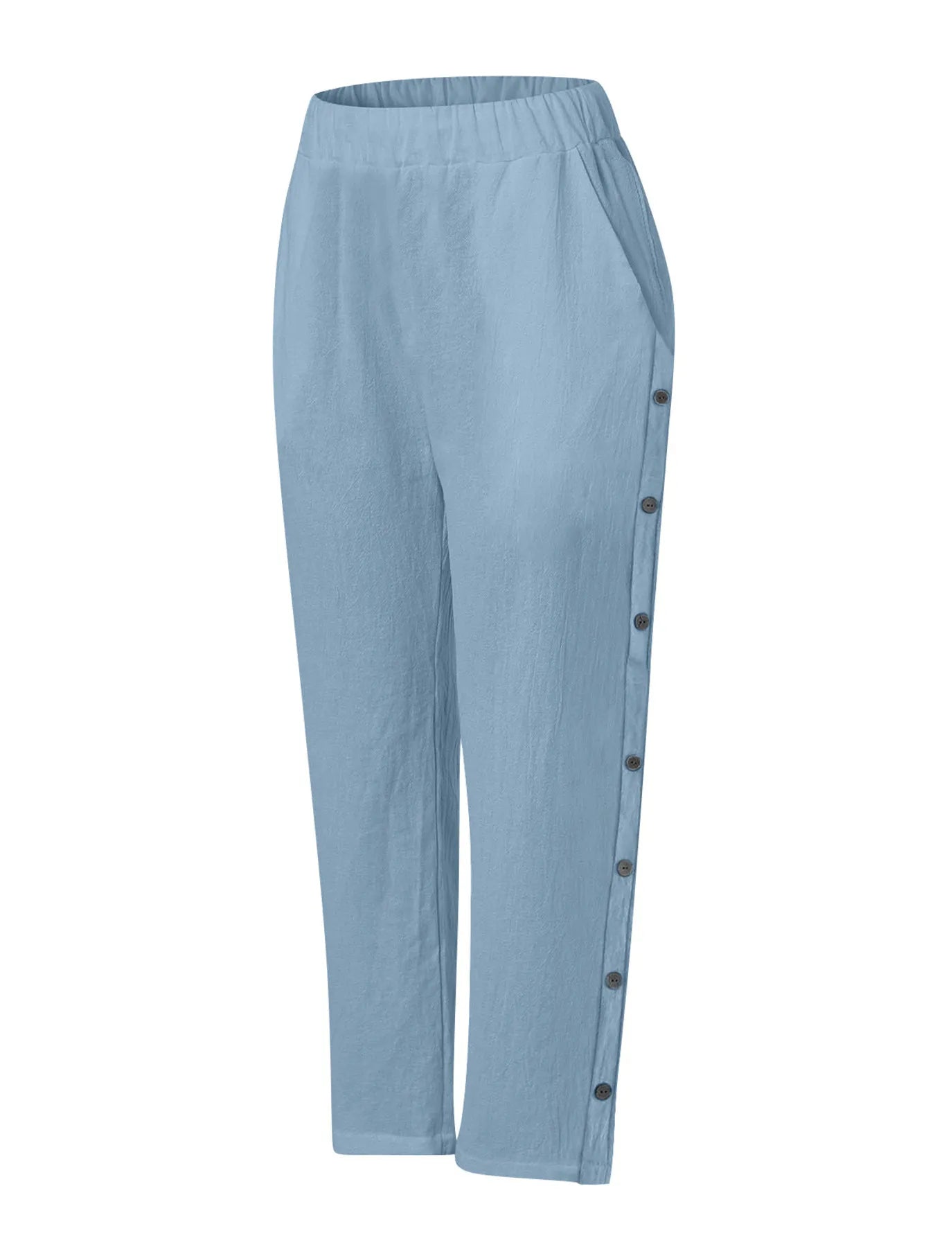 Sky blue wide-leg pants with side button placket and elastic waistband