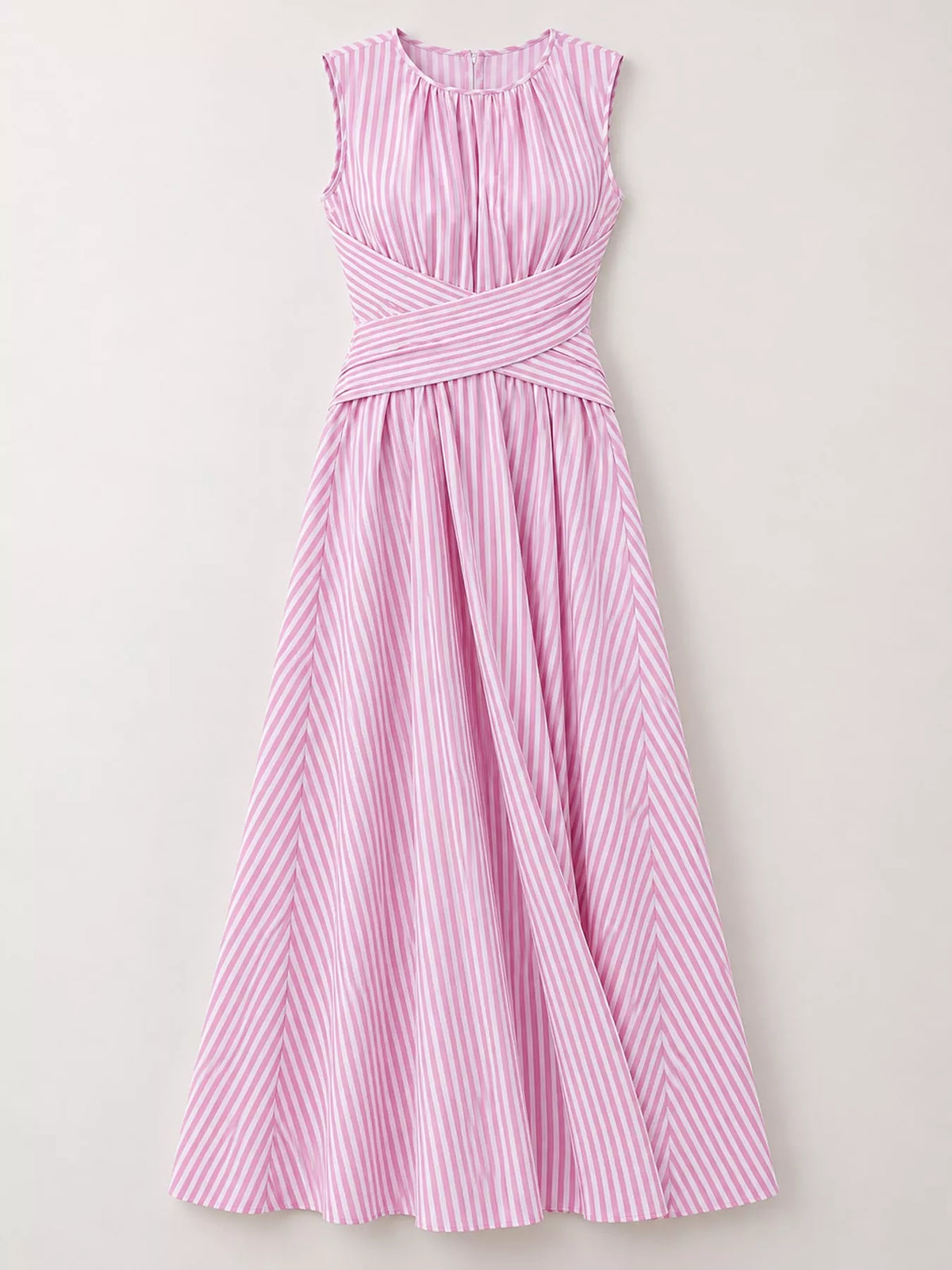 Pink striped sleeveless maxi dress with gathered high neck and crisscross waist