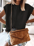 Cap-sleeve sweater vest in black knit with a ribbed crew neckline and central vertical seam