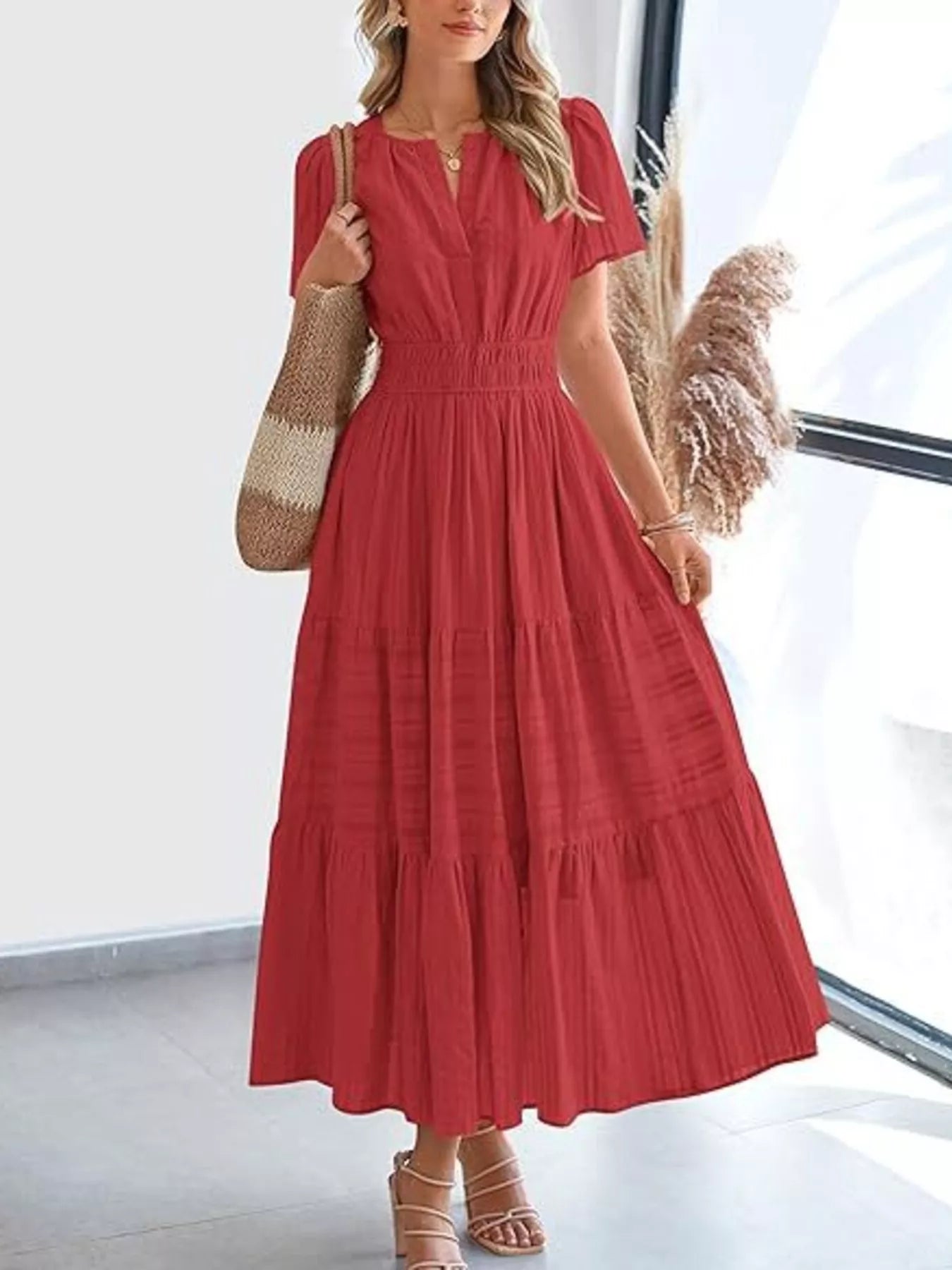 Scarlet short sleeve tiered midi dress with V-neck and gathered waist