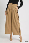 Latte wide-leg pants with front pleats and leopard contrast side trim
