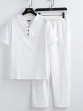 White V-neck short-sleeve top with button placket and matching elastic-waist pants