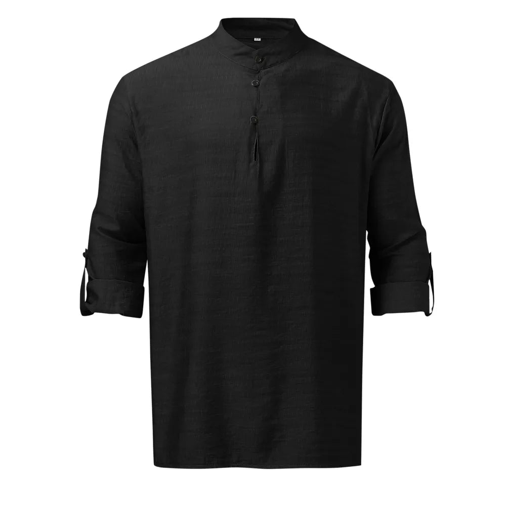 Men's black half-button long sleeve shirt, short sleeve-like cuffs detail