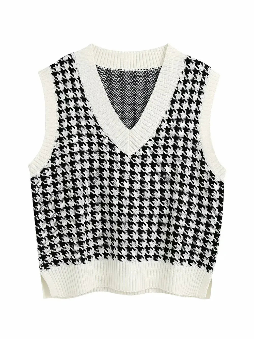 Black and white houndstooth V-neck sleeveless sweater vest with ribbed knit hem